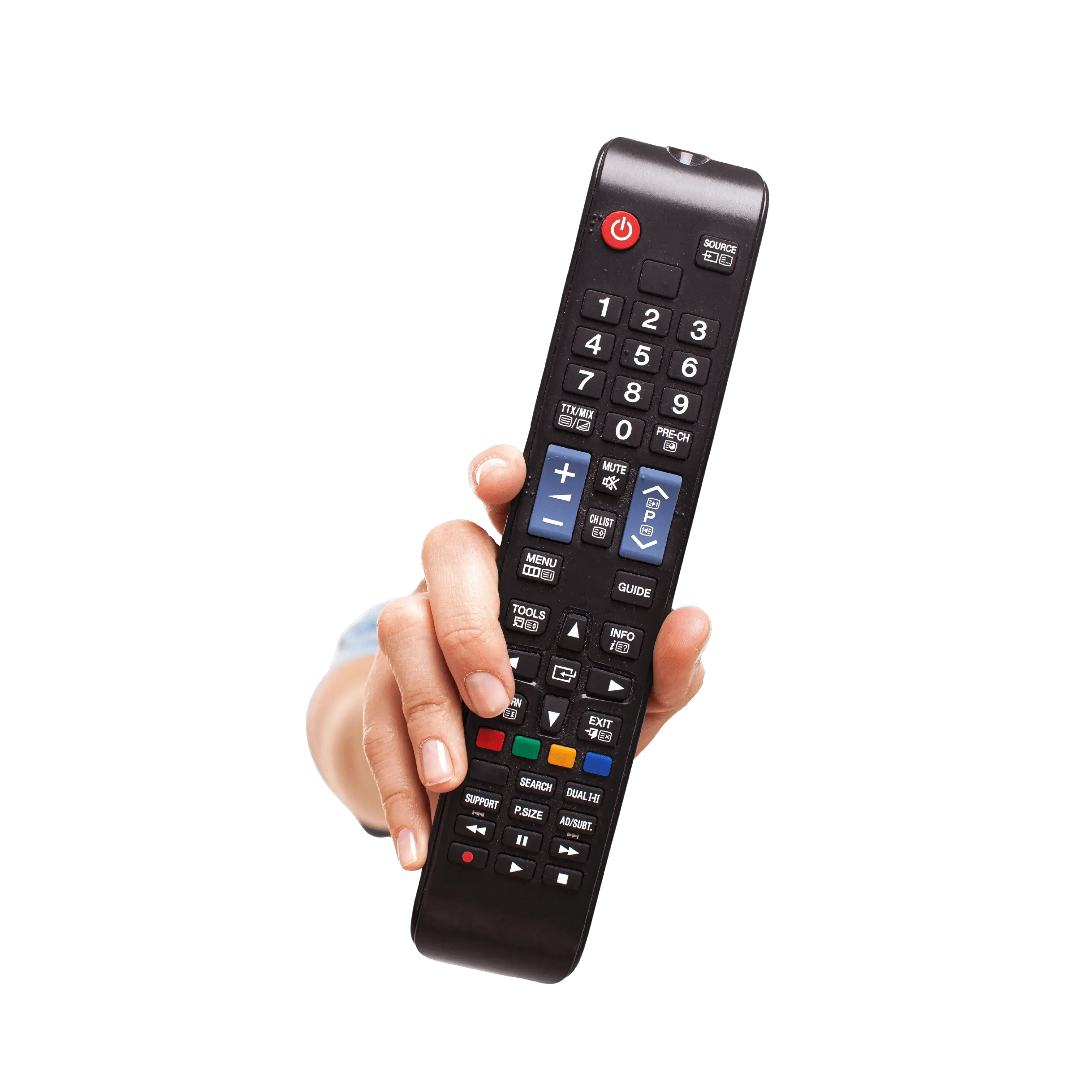 Hand som håller en fjärrkontroll – IPTV på TV:n med Bästa IPTV Sverige